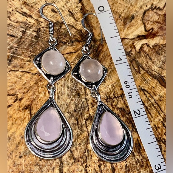 Rose Quartz “Stone of Pure Love” & Pink Chalcedony Earrings 2 7/8” - Picture 2 of 10